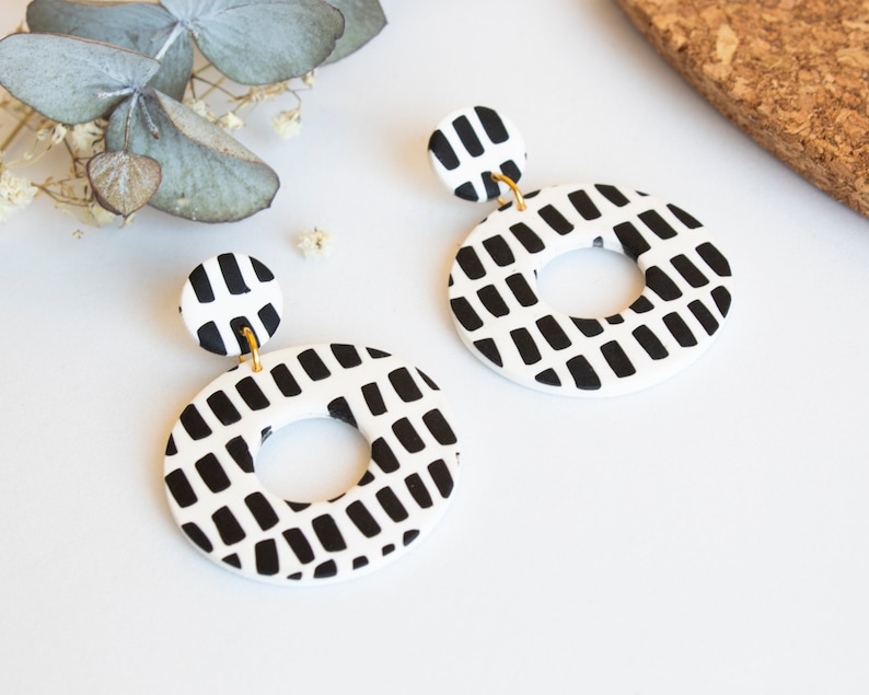 Black and white Stripe Dangle Earrings, Clay earrings handmade, Big earrings, Geometric jewelry, Handmade gift for women