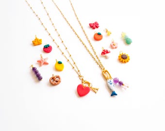 Handmade Multi Charm Necklace with Carabiner Clasp: 18k Gold Plated and Clay Pendants, Hypoallergenic, Build Your Own Charms Necklace