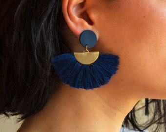 Blue earrings dangle, Clay earrings handmade, Tassel earrings, Big earrings boho, Statement earrings, Gifts for women