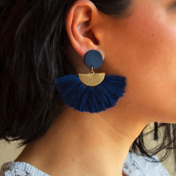 Blue earrings dangle, Clay earrings handmade, Tassel earrings, Big earrings boho, Statement earrings, Gifts for women