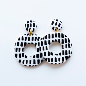 Black and white Stripe Dangle Earrings, Clay earrings handmade, Big earrings, Geometric jewelry, Handmade gift for women