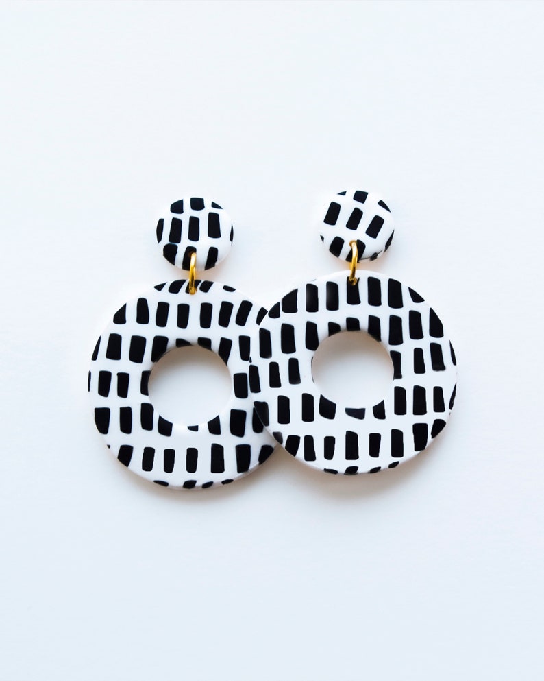 Black and white Stripe Dangle Earrings, Clay earrings handmade, Big earrings, Geometric jewelry, Handmade gift for women