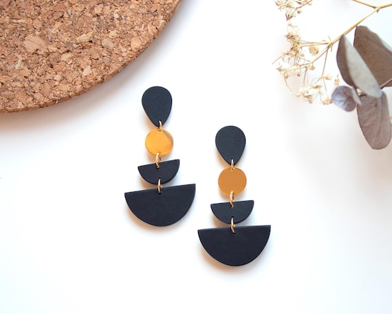 Minimalist black earrings dangle handmade | Hypoallergenic Statement Large Earrings | Elegant evening earrings, Gift for her