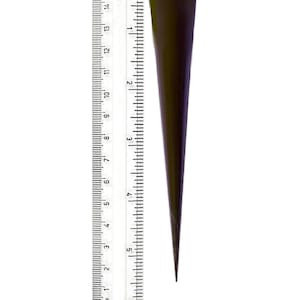 May include: A dark brown, pointed, cone-shaped tool, measured against a ruler, is approximately 15 centimeters long.