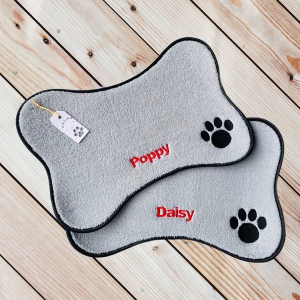 Personalised Pet Dish Mat for Food & Water Bowls - Bone Shape - Embroidered - Perfect for soaking up pet spills