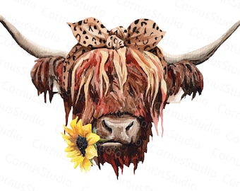 instant digital download farm animals Highland cow with sunflowers clipart PNG floral crown cow with flowers hand drawn graphics Heifer