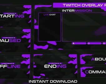 Paars camouflagepak Twitch-overlay | Streamingschermen, panelen (directe download)