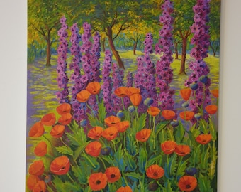 Colorful Floral Landscape Oil Painting, Original Signed Artwork