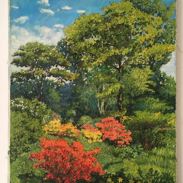 Landscape with colorful flowers in oil on canvas, Handmade by Mohammad Aref Najib