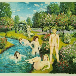 Bathing women in the garden of eden, original oil painting by Mohammad Aref Najib