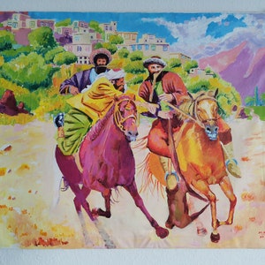 Afghan National Sport in Colourful Landscape, Original Acryl Painting by Mohammad Aref Najib