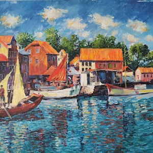 Beautiful cityscape in the harbour in impressionistic style. Original oil painting by Mohammad Aref Najib