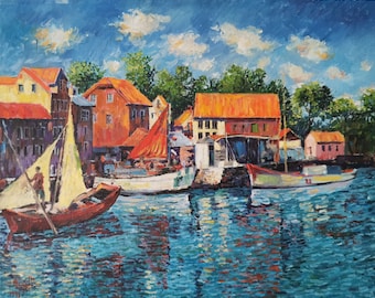 Beautiful cityscape in the harbour in impressionistic style. Original oil painting by Mohammad Aref Najib