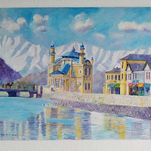 Mosquée en Afghanistan, peinture à l'huile originale de Mohammad Aref Najib
