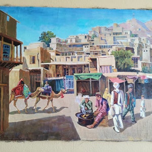 Paysage de marché en Afghanistan, peinture à l'huile originale de Mohammad Aref Najib