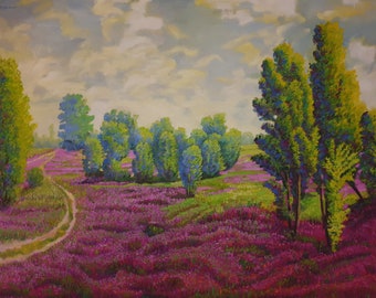Origineel olieverfschilderij: landschapskunst lentebloemenweide