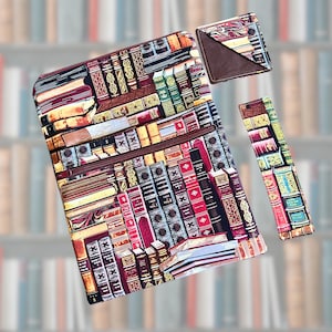 Große Buchhülle, zwei Taschen, Lesezeichen Set: Handgemachte, gepolsterte iPad Reißverschlusstasche