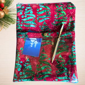 Christmas Book Pouch | eReader Zipper Pouch | Small Book Sleeve | Clear Front Snap Pocket | Padded | Handmade