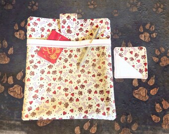 Dog Paw Book Sleeve Set |  eReader-iPad Pouch | Fabric Bookmark | Clear Front Pocket | Medium Size | Snap Closure | Padded | Gift Idea