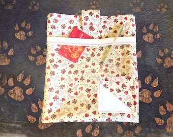 Dog Paw Book Pouch Set | eReader Snap Sleeve | iPad Pocket Cover | Medium Size | Bookmark | Padded | Handmade