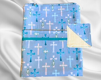 Ensemble de pochettes rembourrées pour Bible | Housse de bible bleue zippée | Pochette pour livres religieux | Marque-page | Poche | Étui pour eBook-iPad | Fait main | Idée cadeau chrétienne
