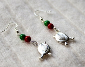Robin Earrings, Christmas Earrings, Red & Green Earrings, Bird Earrings, 925 Sterling Silver