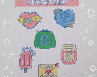say the name! SVT carat sticker sheet | bullet journalling, bujo, deco, toploader, stickers, seventeen, kpop, cute