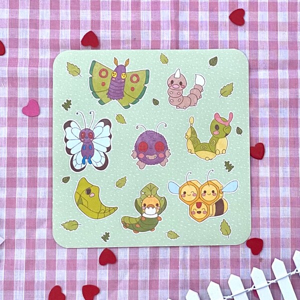 bug catcher pokemon inspired sticker sheet | anime, cute, kawaii stationery, bullet journal, scrapbooking, pen pal, sticker sheet