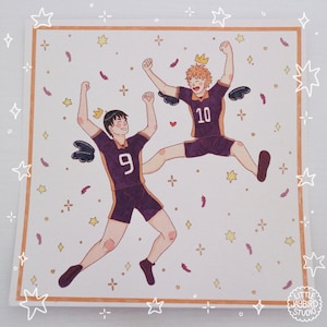 fly high! crow boys art print | kagehina, anime, volleyball, kawaii, art print, karasuno, hinata, kageyama, anime gift, cute art, ship art
