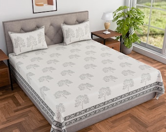 Hand Block Printed Cotton King Bedsheet with Pillow Cases - 100x108 inches