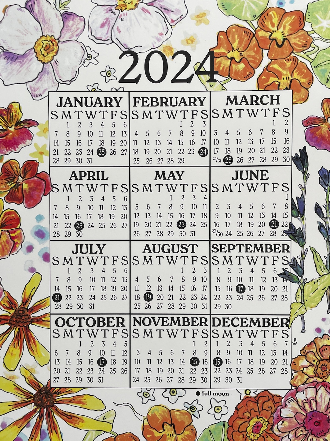 2024 Wall Calendarfloral Etsy
