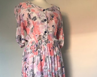 1980s Pink and Purple Floral Midi Dress by C&A
