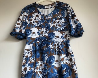 Blue and Brown 1950s Floral Summer Dress by Milton Davos