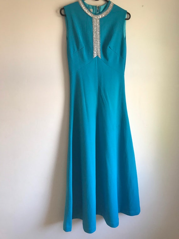 1960s Blue Maxi Dress with Silver Trim, by Richar… - image 4