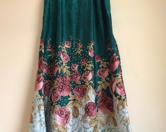 1990s Floral Maxi Skirt with Rhinestone Detailing