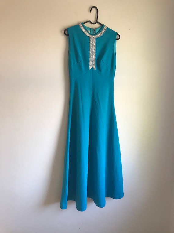 1960s Blue Maxi Dress with Silver Trim, by Richar… - image 1