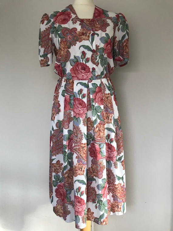 1980s Rose Print Midi Dress - Gem