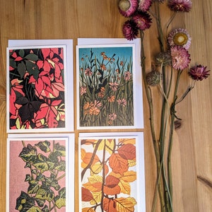 Cartões de felicitações com folhas e flores em linóleo - Cartão de aniversário - Cartão da natureza - Cartão de arte