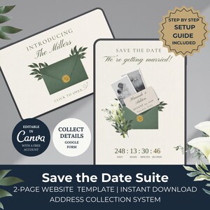 May include: A wedding invitation suite with a green envelope design. The text "Introducing The Millers" and "Save the Date" are displayed. Includes a step-by-step setup guide. The design is editable in Canva and includes a Google form for collecting details.
