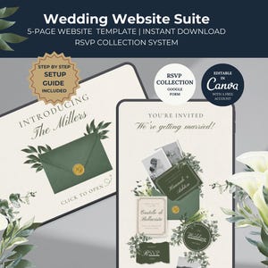 May include: A wedding website suite template with a 5-page design, instant download, and RSVP collection system. The design includes a green envelope graphic, the text "Introducing The Millers", and the text "You're Invited We're getting married!"