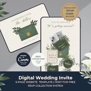 May include: Digital wedding invite template with a green and gold design. The invitation includes the text "Introducing The Millers" and "You're Invited We're getting married!". Includes a step-by-step setup guide.
