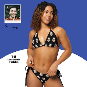 May include: Black bikini set featuring a repeating pattern of a smiling face. The top is a triangle style with adjustable straps, and the bottoms have tie sides. The text "1-8 DIFFERENT FACES" is displayed in white.