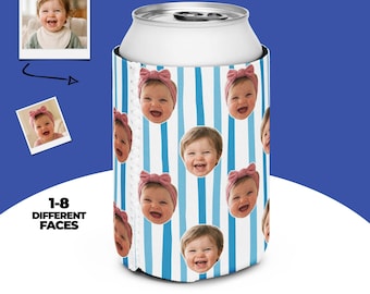 May include: A cylindrical beverage can cooler featuring a repeating pattern of a smiling baby wearing a pink headband against a background of vertical light blue and white stripes. The design includes the text 1-8 DIFFERENT FACES.