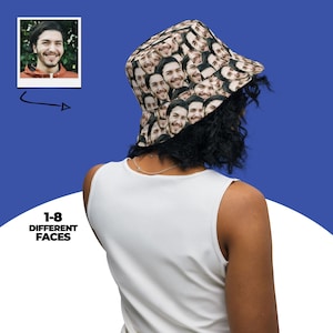 May include: A beige bucket hat patterned with multiple smiling faces. The hat is worn by a person in a white vest top. A small photo of the face on the hat is in the upper left corner. The text "1-8 DIFFERENT FACES" is below the person.
