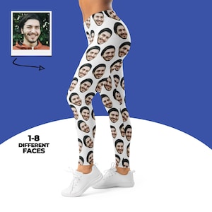 May include: White leggings covered in repeating images of a smiling man's face. The leggings are worn with white sneakers. A small photo of the man is in the upper left corner. The text "1-8 DIFFERENT FACES" is at the bottom.