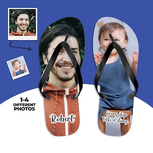 May include: A pair of custom flip-flops featuring black straps. The left sandal displays a photo of a man in an orange jacket with the name Robert printed below. The right sandal shows a photo of a baby in a blue outfit with the text Every step tells a story.