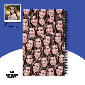 Puede incluir: Un cuaderno con espiral con un collage de caras sonrientes. Las caras son de una joven con cabello castaño largo. El cuaderno tiene un borde blanco y el texto "1-8 DIFFERENT FACES" en la parte inferior.