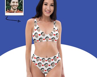 Set bikini personalizzato con cuoricini, aggiungi il tuo viso al costume da bagno a due pezzi, divertente regalo per lei, regalo per le vacanze