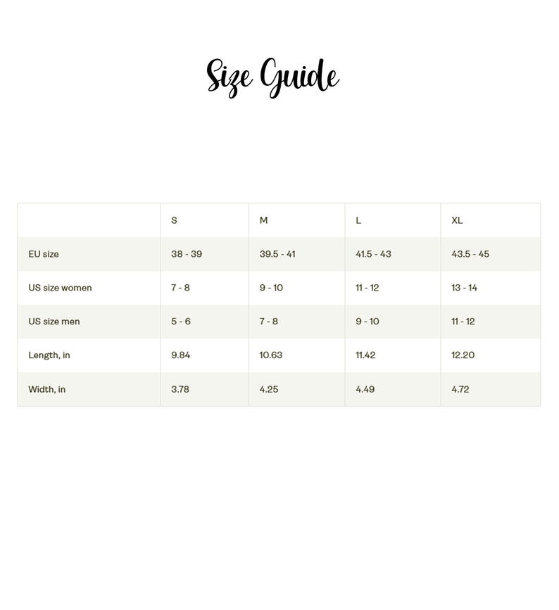 May include: A size guide chart with the heading Size Guide. The table lists sizes S, M, L, and XL with corresponding EU sizes, US sizes for women and men, and measurements for length and width in inches. The background is white with black text.