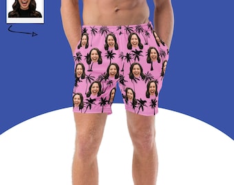 Custom Face Palm Tree Swim Trunks, Personalized Photo Beach Shorts, Funny Gift For Him, Novelty Swimwear
